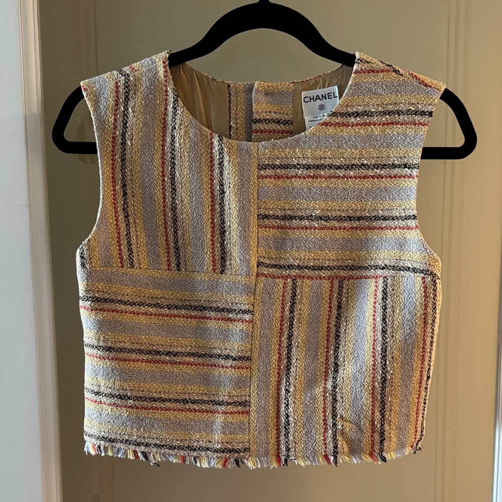 VTG CHANEL 2000 Cruise Striped Tweed Crop Top in Red, Orange, and Cream